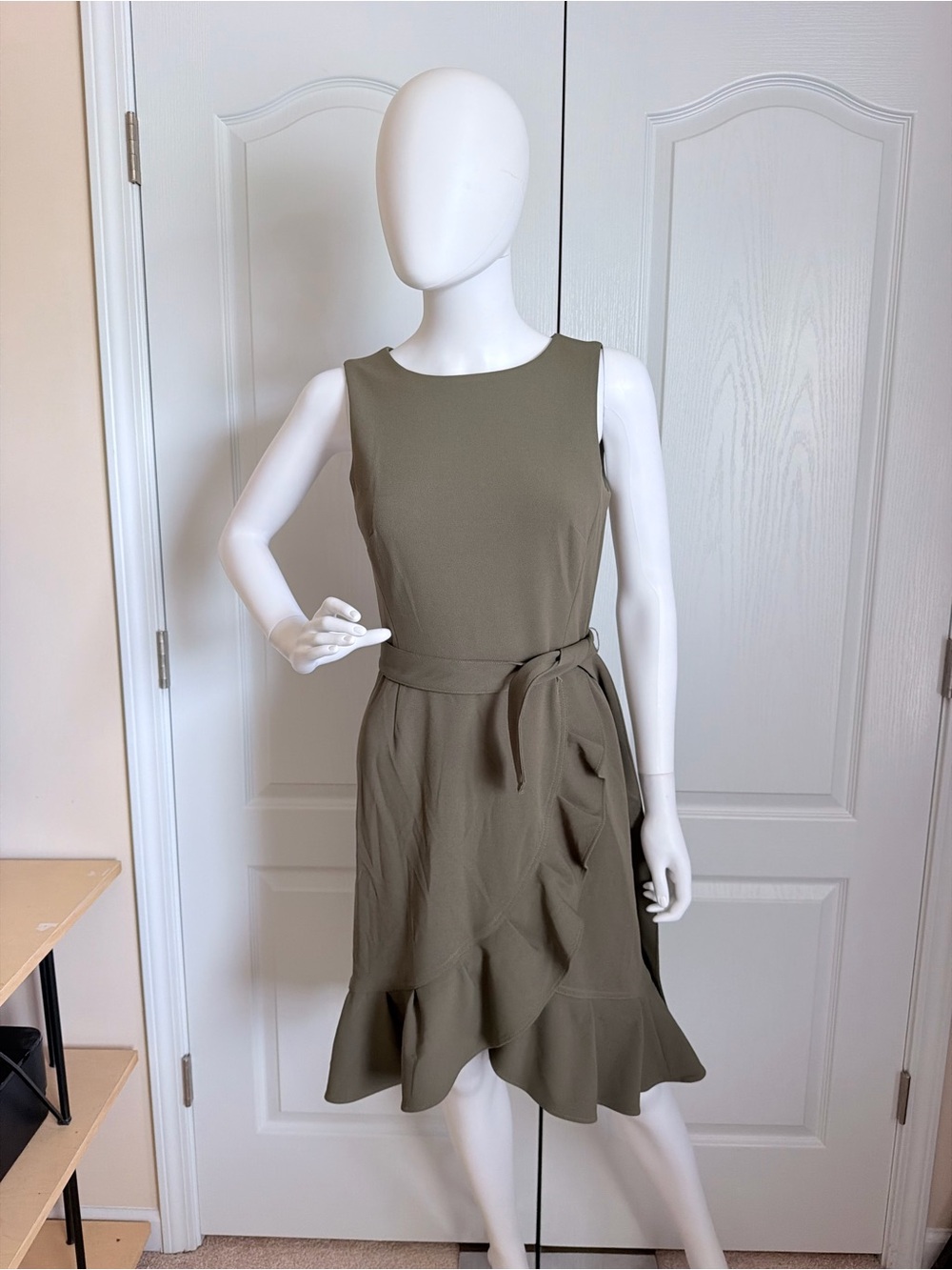 Calvin Klein Olive Sleeveless Midi Dress with Tie Waist and Ruffle Hem Size 4